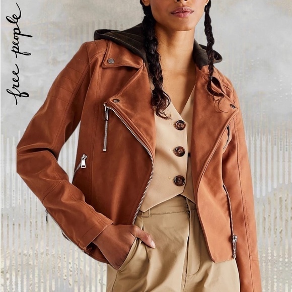 FREE PEOPLE NWT Harriett Moto-Style Brown Vegan Suede, Black Hood Jacket/Md - Picture 3 of 16